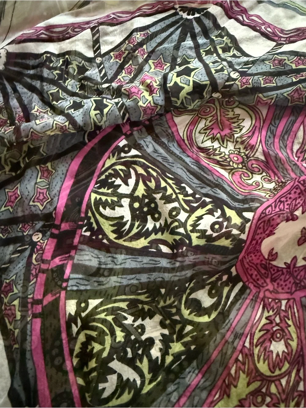 Circular Medallion in Pink, Green, Gray scarf- silk I think